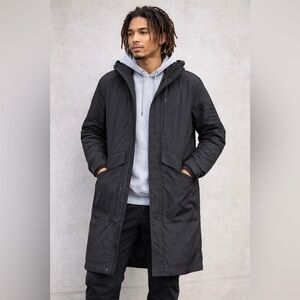 Nike Long Windbreaker Coat Men’s Large Black Hooded Two-Way Zipper NWOT